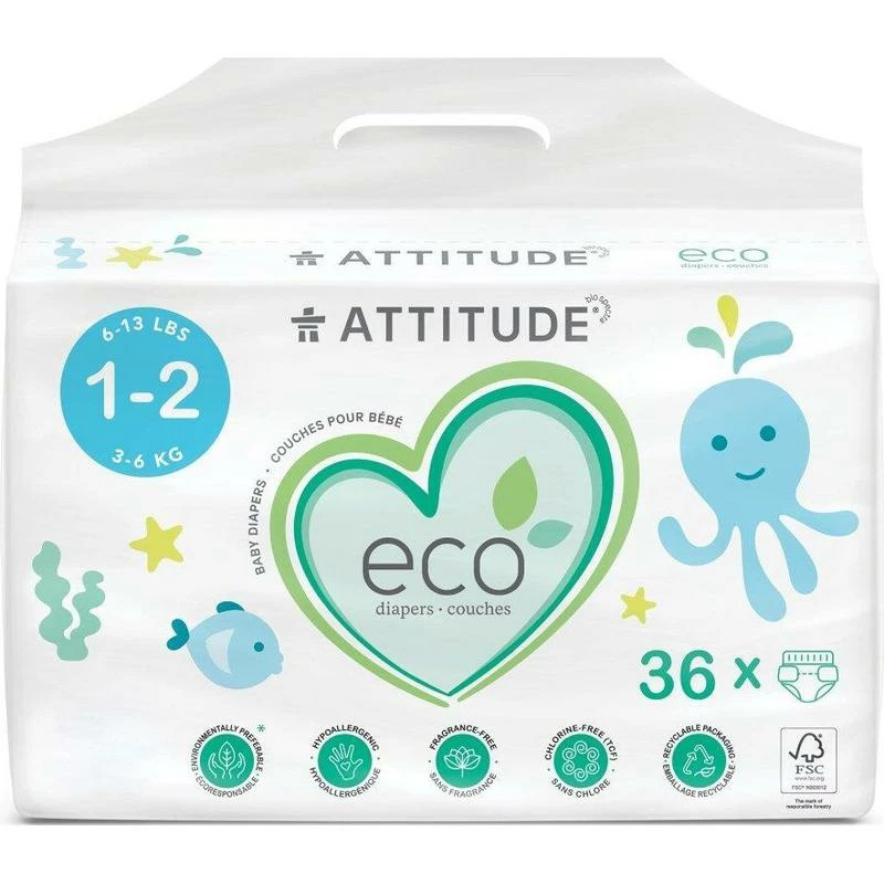 Attitude Biodegradable Baby Diapers Size 1-2 36pcs 3 Attitude Biodegradable Baby Diapers Size 1-2 36pcs
